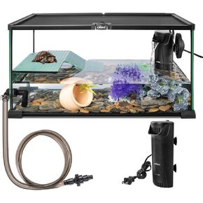 طقم خزان السلاحف الزجاجي من Oiibo، 10 جالون، 20 بوصة × 12 بوصة × 10 بوصة، طقم بداية لخزان السلاحف مع نظام صرف، ومنصة تشمس وزاوية حوض السمك الهادئ، فلتر داخلي لتررم السلحفاة المائية in Kuwait