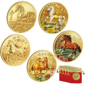 5 Pack Horse Commerative Coin with Chinese Fu Bags 2026 Chinese New Year of Horse Decoration Chinese Lucky Coin Metal Chinese Coins for Wealth and Success New Year Present Gifts in Saudi Arabia