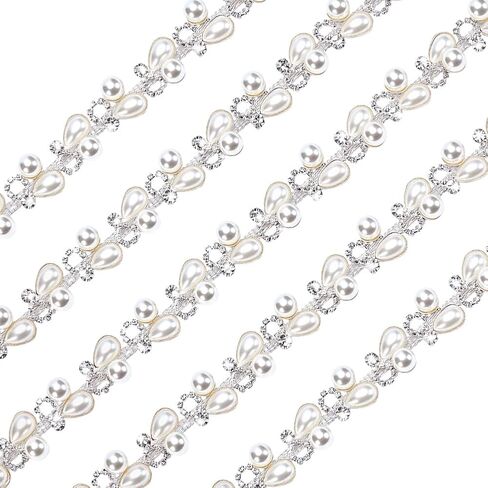 PH PandaHall 1 Yard Silver Rhinestone Trim Pearl Ribbon Chain 0.7" Wide Applique Beaded Trim with Sparkling Crystals for DIY Wedding Bridal Hair Costume Birthday Party Home Decoration in Kuwait