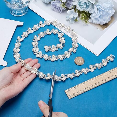 PH PandaHall 1 Yard Silver Rhinestone Trim Pearl Ribbon Chain 0.7" Wide Applique Beaded Trim with Sparkling Crystals for DIY Wedding Bridal Hair Costume Birthday Party Home Decoration in Kuwait