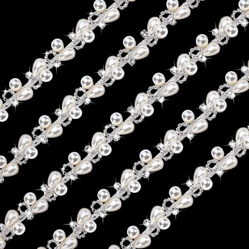 PH PandaHall 1 Yard Silver Rhinestone Trim Pearl Ribbon Chain 0.7" Wide Applique Beaded Trim with Sparkling Crystals for DIY Wedding Bridal Hair Costume Birthday Party Home Decoration in Kuwait