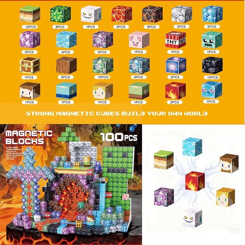 100 قطعة من المكعبات المغناطيسية من UGY - بناء عالم المغناطيس الخاص بالألغام، مكعبات بناء مغناطيسية للأطفال الذين تتراوح أعمارهم بين 4-6 و6-8 و8-12، ألعاب حسية تعليمية STEM للأولاد والبنات in Kuwait
