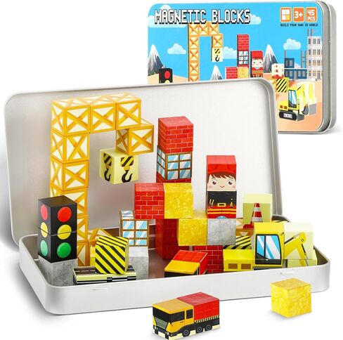 45PCS Mini Magnetic Building Blocks Travel Toys, Magnet Cubes Tiles Set with Case, Birthday Classroom Learning Gifts for Kids Toddlers, Boys & Girls Ages 3-8 (Unicorn Rainbow) in Saudi Arabia
