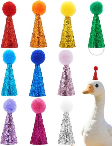 PET SHOW 10 Pack Mini Party Hats for Animal Figures with Plush Pom Adjustable Tiny Hat for Dinosaurs Desk Goose Hamster Hedgehog Guinea Pig Chicken Small Pet Birthday Accessories in Saudi Arabia