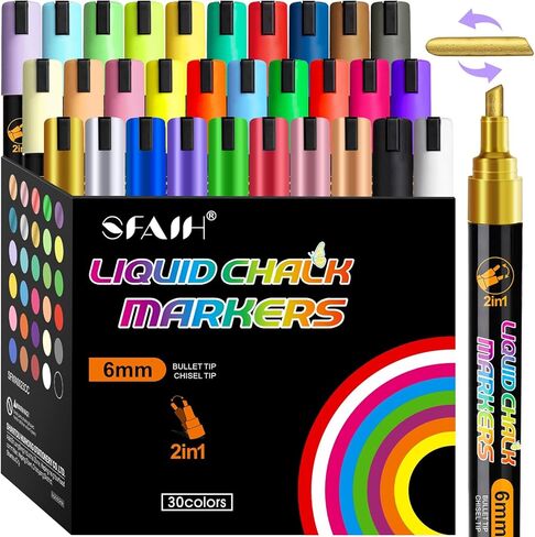 SFAIH 24 Vibrant Chalk Markers for Blackboard [1s Wet Wipe] - No Residue, 6mm Chalk Markers for Chalkboard Calendar, Glass, Window, Menus, Labels, Signs, Car, Non-Toxic, Ideal for Bistro Home in Saudi Arabia