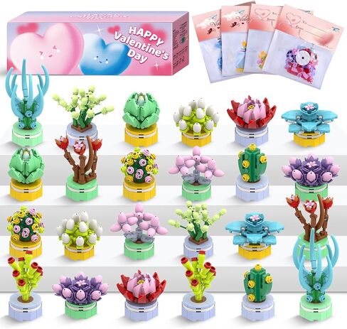 Valentines Day Gifts for Kids Classroom/School,24PCS Building Blocks Succulent Plants Kits and Valentines Cards,Toys for 3+ Years Old Girls & Boys in Saudi Arabia