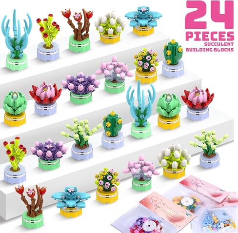 Valentines Day Gifts for Kids Classroom/School,24PCS Building Blocks Succulent Plants Kits and Valentines Cards,Toys for 3+ Years Old Girls & Boys in Saudi Arabia
