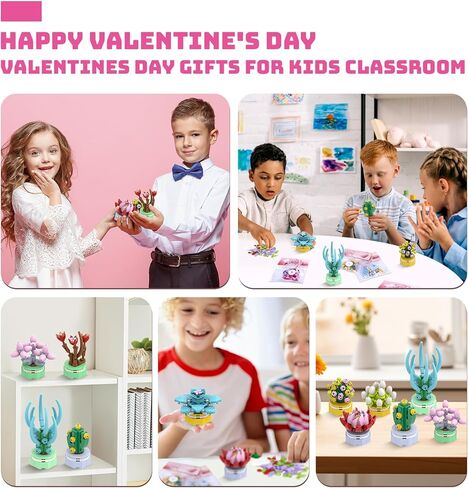 Valentines Day Gifts for Kids Classroom/School,24PCS Building Blocks Succulent Plants Kits and Valentines Cards,Toys for 3+ Years Old Girls & Boys in Saudi Arabia
