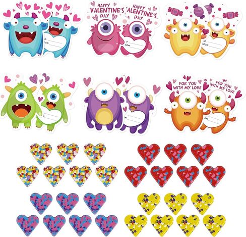 28 حزمة من بطاقات Monster Valentine + مجموعة أقلام تلوين على شكل قلب - 4 ألوان من أقلام تلوين القلب (بعرض 1.57 بوصة) + بطاقات Monster مقاس 3.94 بوصة، وهدايا تبادل الفصول الدراسية وهدايا حفلات عيد الحب للأطفال in Saudi Arabia