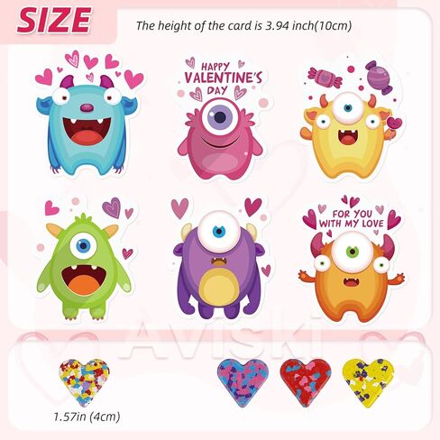 28 حزمة من بطاقات Monster Valentine + مجموعة أقلام تلوين على شكل قلب - 4 ألوان من أقلام تلوين القلب (بعرض 1.57 بوصة) + بطاقات Monster مقاس 3.94 بوصة، وهدايا تبادل الفصول الدراسية وهدايا حفلات عيد الحب للأطفال in Saudi Arabia