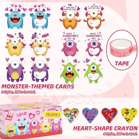 28 حزمة من بطاقات Monster Valentine + مجموعة أقلام تلوين على شكل قلب - 4 ألوان من أقلام تلوين القلب (بعرض 1.57 بوصة) + بطاقات Monster مقاس 3.94 بوصة، وهدايا تبادل الفصول الدراسية وهدايا حفلات عيد الحب للأطفال in Saudi Arabia