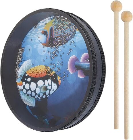 OLYCRAFT 1Pcs Ocean Drums with 2Pcs Wood Drumstick Wave Bead Drums with Fish Pattern 10 Inch Sea Sound Drum with Wave Beads Sea Sound Musical Percussion Instrument for Home Supplies in Saudi Arabia