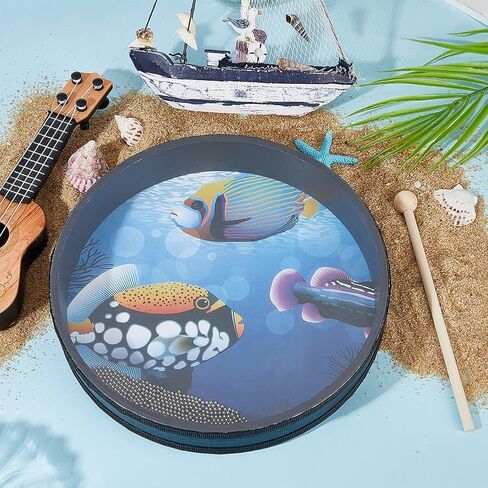 OLYCRAFT 1Pcs Ocean Drums with 2Pcs Wood Drumstick Wave Bead Drums with Fish Pattern 10 Inch Sea Sound Drum with Wave Beads Sea Sound Musical Percussion Instrument for Home Supplies in Saudi Arabia