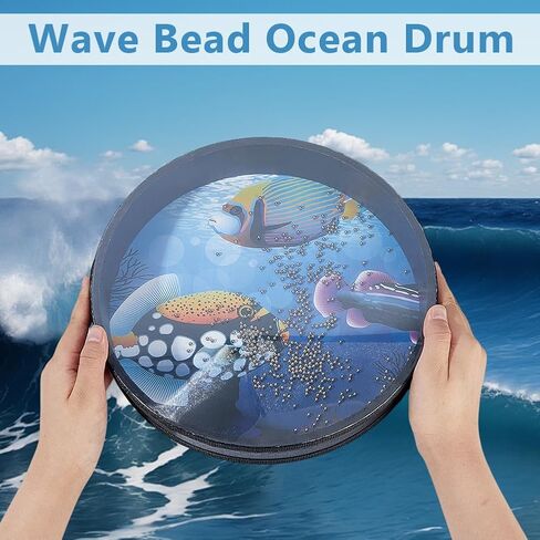 OLYCRAFT 1Pcs Ocean Drums with 2Pcs Wood Drumstick Wave Bead Drums with Fish Pattern 10 Inch Sea Sound Drum with Wave Beads Sea Sound Musical Percussion Instrument for Home Supplies in Saudi Arabia
