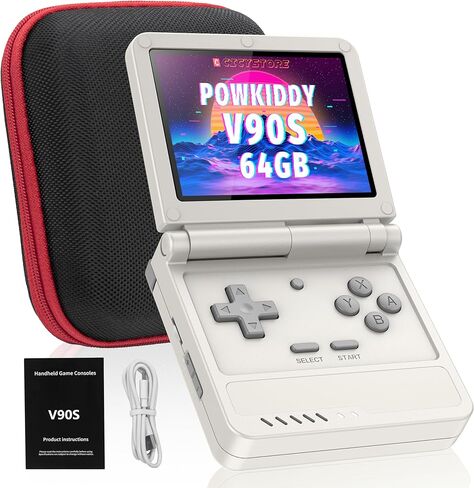 وحدة التحكم المحمولة Powkiddy V90S Retro - أكثر من 10000 لعبة محملة مسبقًا، تصميم صدفي قابل للطي، شاشة IPS 3.5 بوصة، بطارية 4-6 ساعات، فتحات TF مزدوجة (أسود شفاف) in Kuwait