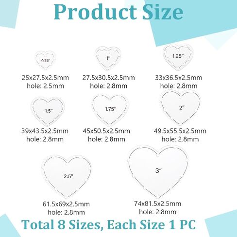 AHANDMAKER 16 PCS Heart Quilting Templates Set，0.75" 1" 1.25" 1.5" 1.75" 2" 2.5" 3" Acrylic Heart Template Ideal Sewing Products Embroidery Pattern Stabilizers for Hand Quilting Patchwork Crafts in Saudi Arabia