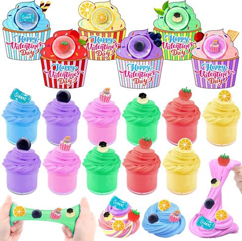 24 Pack Valentines Butter Slime Kit Stress Relief Toys Valentines Day Gifts for Kids with Cards School Classroom Colorful Soft Fruit Stretchy Slime Prefilled Goodie Bag Exchange Gift Party Favors in Saudi Arabia