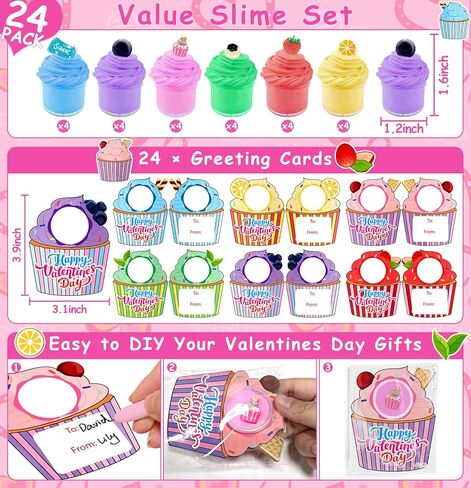 24 Pack Valentines Butter Slime Kit Stress Relief Toys Valentines Day Gifts for Kids with Cards School Classroom Colorful Soft Fruit Stretchy Slime Prefilled Goodie Bag Exchange Gift Party Favors in Saudi Arabia