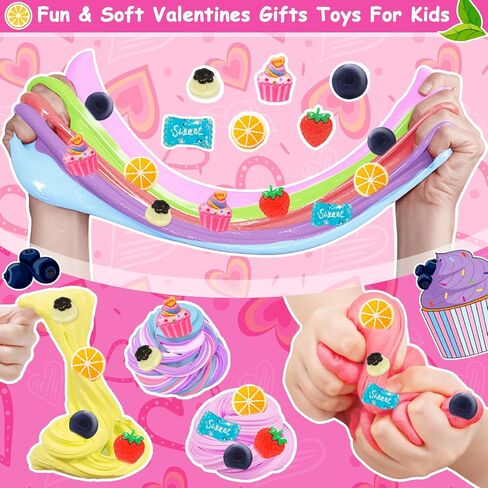 24 Pack Valentines Butter Slime Kit Stress Relief Toys Valentines Day Gifts for Kids with Cards School Classroom Colorful Soft Fruit Stretchy Slime Prefilled Goodie Bag Exchange Gift Party Favors in Saudi Arabia