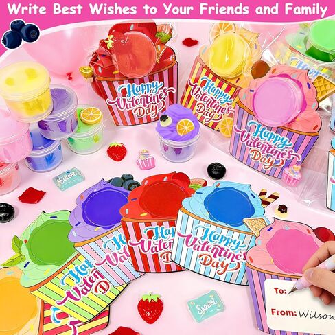 24 Pack Valentines Butter Slime Kit Stress Relief Toys Valentines Day Gifts for Kids with Cards School Classroom Colorful Soft Fruit Stretchy Slime Prefilled Goodie Bag Exchange Gift Party Favors in Saudi Arabia