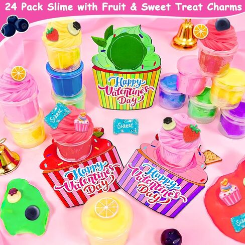 24 Pack Valentines Butter Slime Kit Stress Relief Toys Valentines Day Gifts for Kids with Cards School Classroom Colorful Soft Fruit Stretchy Slime Prefilled Goodie Bag Exchange Gift Party Favors in Saudi Arabia