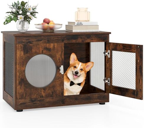 Tangkula Dog Cage Furniture, Chew-Proof Wooden Dog Crate with Metal Mesh Side Wall, Lockable Door, Translucent Window, Industrial Pet Kennel Indoor Furniture for Small & Medium Dogs (Rustic Brown) in Saudi Arabia