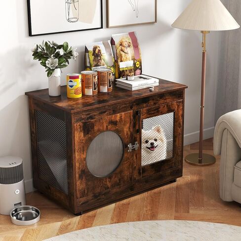 Tangkula Dog Cage Furniture, Chew-Proof Wooden Dog Crate with Metal Mesh Side Wall, Lockable Door, Translucent Window, Industrial Pet Kennel Indoor Furniture for Small & Medium Dogs (Rustic Brown) in Saudi Arabia