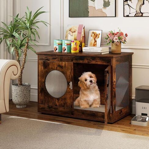 Tangkula Dog Cage Furniture, Chew-Proof Wooden Dog Crate with Metal Mesh Side Wall, Lockable Door, Translucent Window, Industrial Pet Kennel Indoor Furniture for Small & Medium Dogs (Rustic Brown) in Saudi Arabia
