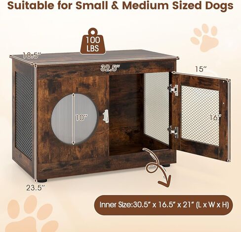 Tangkula Dog Cage Furniture, Chew-Proof Wooden Dog Crate with Metal Mesh Side Wall, Lockable Door, Translucent Window, Industrial Pet Kennel Indoor Furniture for Small & Medium Dogs (Rustic Brown) in Saudi Arabia
