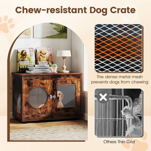 Tangkula Dog Cage Furniture, Chew-Proof Wooden Dog Crate with Metal Mesh Side Wall, Lockable Door, Translucent Window, Industrial Pet Kennel Indoor Furniture for Small & Medium Dogs (Rustic Brown) in Saudi Arabia