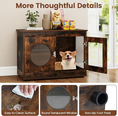 Tangkula Dog Cage Furniture, Chew-Proof Wooden Dog Crate with Metal Mesh Side Wall, Lockable Door, Translucent Window, Industrial Pet Kennel Indoor Furniture for Small & Medium Dogs (Rustic Brown) in Saudi Arabia