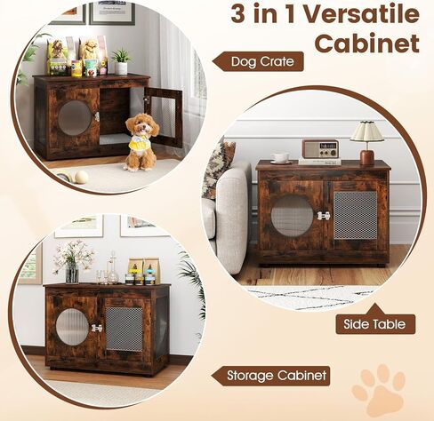 Tangkula Dog Cage Furniture, Chew-Proof Wooden Dog Crate with Metal Mesh Side Wall, Lockable Door, Translucent Window, Industrial Pet Kennel Indoor Furniture for Small & Medium Dogs (Rustic Brown) in Saudi Arabia