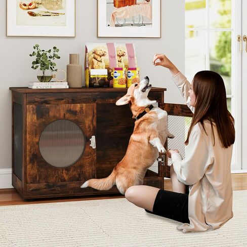 Tangkula Dog Cage Furniture, Chew-Proof Wooden Dog Crate with Metal Mesh Side Wall, Lockable Door, Translucent Window, Industrial Pet Kennel Indoor Furniture for Small & Medium Dogs (Rustic Brown) in Saudi Arabia