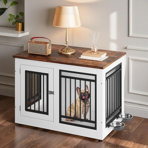 DWVO Dog Crate Furniture with Adjustable Feet & Removable Bowls, 28 Inch Dog Kennel Indoor Furniture End Table for Dogs, Modern Decorative Wooden Cage, Chew-Resistant, White in Saudi Arabia