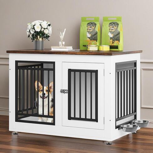 DWVO Dog Crate Furniture with Adjustable Feet & Removable Bowls, 28 Inch Dog Kennel Indoor Furniture End Table for Dogs, Modern Decorative Wooden Cage, Chew-Resistant, White in Saudi Arabia