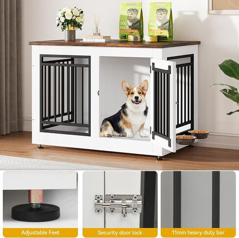DWVO Dog Crate Furniture with Adjustable Feet & Removable Bowls, 28 Inch Dog Kennel Indoor Furniture End Table for Dogs, Modern Decorative Wooden Cage, Chew-Resistant, White in Saudi Arabia