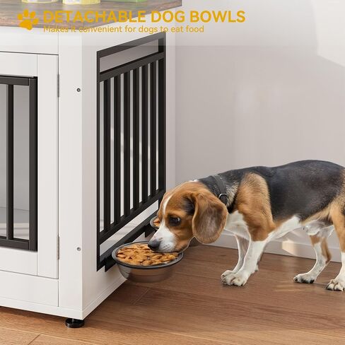 DWVO Dog Crate Furniture with Adjustable Feet & Removable Bowls, 28 Inch Dog Kennel Indoor Furniture End Table for Dogs, Modern Decorative Wooden Cage, Chew-Resistant, White in Saudi Arabia