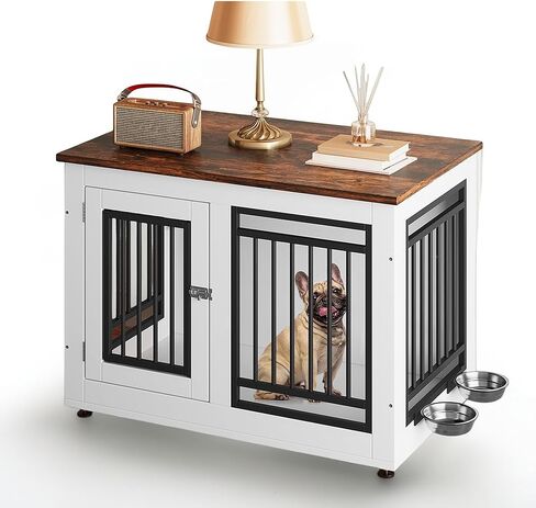 DWVO Dog Crate Furniture with Adjustable Feet & Removable Bowls, 28 Inch Dog Kennel Indoor Furniture End Table for Dogs, Modern Decorative Wooden Cage, Chew-Resistant, White in Saudi Arabia
