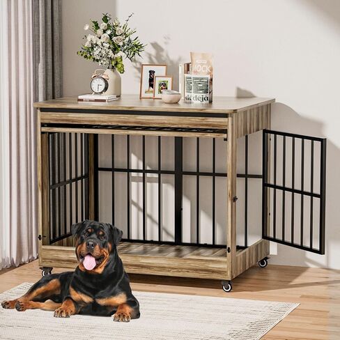 78" Double Dog Crate Furniture with Divider, Thick Wooden Indoor Dog Kennel Furniture with Swivel Bowls for 2 Dogs, Decorative Pet Cage End Table with Wheels for Extra Large Breed, Greige in Saudi Arabia