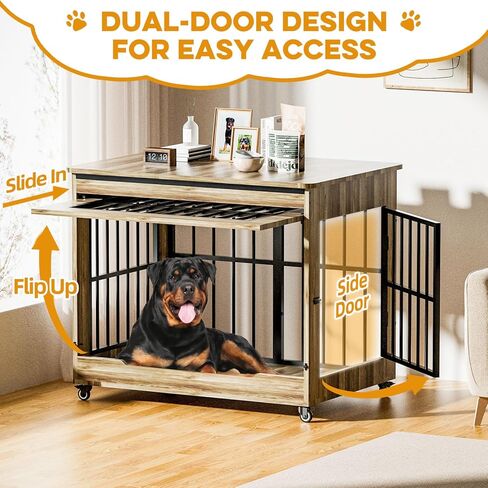 78" Double Dog Crate Furniture with Divider, Thick Wooden Indoor Dog Kennel Furniture with Swivel Bowls for 2 Dogs, Decorative Pet Cage End Table with Wheels for Extra Large Breed, Greige in Saudi Arabia