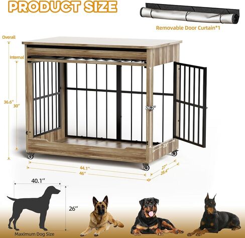 78" Double Dog Crate Furniture with Divider, Thick Wooden Indoor Dog Kennel Furniture with Swivel Bowls for 2 Dogs, Decorative Pet Cage End Table with Wheels for Extra Large Breed, Greige in Saudi Arabia