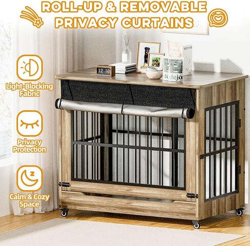 78" Double Dog Crate Furniture with Divider, Thick Wooden Indoor Dog Kennel Furniture with Swivel Bowls for 2 Dogs, Decorative Pet Cage End Table with Wheels for Extra Large Breed, Greige in Saudi Arabia