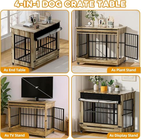78" Double Dog Crate Furniture with Divider, Thick Wooden Indoor Dog Kennel Furniture with Swivel Bowls for 2 Dogs, Decorative Pet Cage End Table with Wheels for Extra Large Breed, Greige in Saudi Arabia