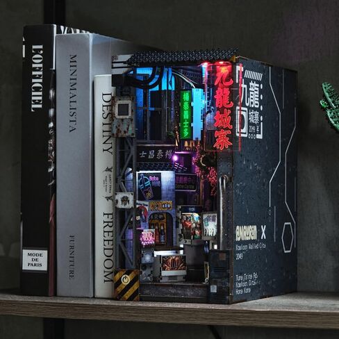 مجموعة Anavrin Book Nook Kit Kowloon Walled City 2049 DIY كتاب خشبي ثلاثي الأبعاد للبالغين والمراهقين ومحبي الكتب، رف الكتب إدراج ديكور المكتبة، هدية إبداعية للعائلة والأصدقاء وكبار السن in Kuwait