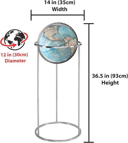 Bergen 12" Diameter, USA Cartography, with Mountain Relief, Blue Ocean Globe Ball and Aluminum Chrome Stand. The Bergen globe features a distinct silver aluminum stand that provides an attractive backdrop for its 12" diameter blue ocean globe. Standing 36 in Saudi Arabia