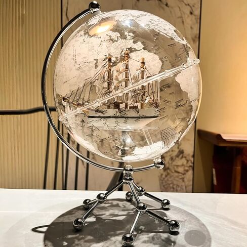 Transparent Illuminated Globe with Sailboat Ornament with Metal Stand - Modern Desktop World Globe Decoration for Office, Bookshelf, Home Decor (20cm Diameter) in Saudi Arabia
