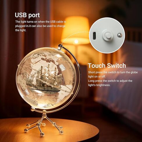 Transparent Illuminated Globe with Sailboat Ornament with Metal Stand - Modern Desktop World Globe Decoration for Office, Bookshelf, Home Decor (20cm Diameter) in Saudi Arabia