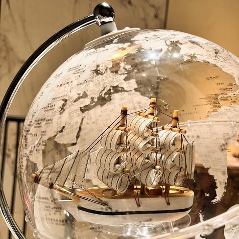 Transparent Illuminated Globe with Sailboat Ornament with Metal Stand - Modern Desktop World Globe Decoration for Office, Bookshelf, Home Decor (20cm Diameter) in Saudi Arabia