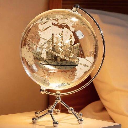 Transparent Illuminated Globe with Sailboat Ornament with Metal Stand - Modern Desktop World Globe Decoration for Office, Bookshelf, Home Decor (20cm Diameter) in Saudi Arabia
