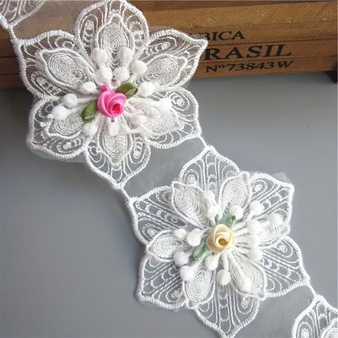 1 Yard（About 13 Flowers） White Cotton Hexagonal Flower Embroidered Lace Trim Ribbon Polyester Sewing Supplies for DIY Crafts in Saudi Arabia